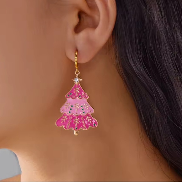 Pink Christmas Festive Tree Earrings - Picture 2 of 3